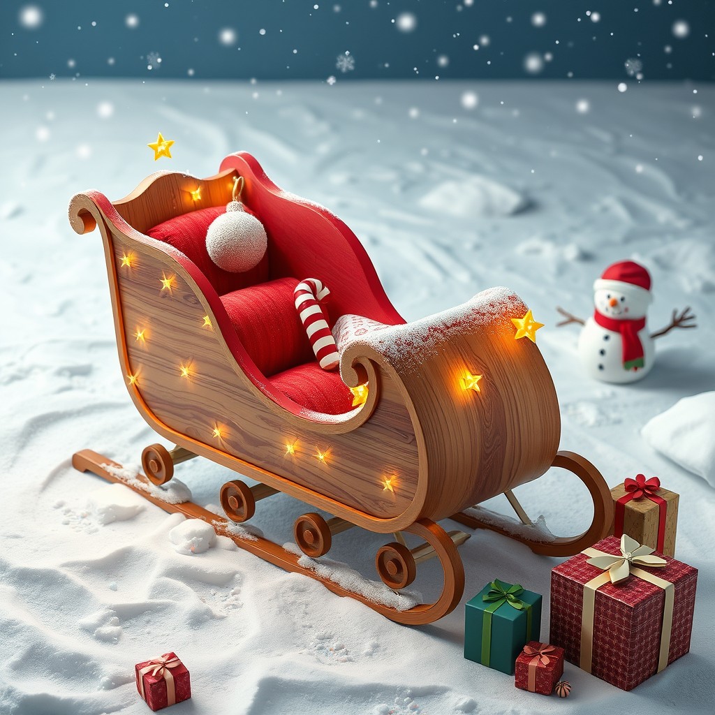 A realistic and eco-friendly design for Santa Claus's sleigh, crafted from recycled materials