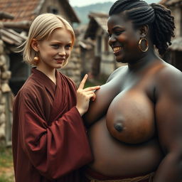 In a poor medieval village, a young blonde woman, notably short and malnourished with decayed teeth, is dressed in a long, fully closed Buddhist robe
