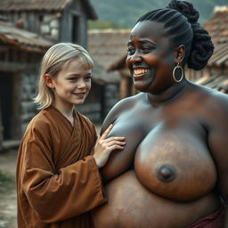 In a poor medieval village, a young blonde woman, notably short and malnourished with decayed teeth, is dressed in a long, fully closed Buddhist robe
