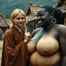 In a poor medieval village, a young blonde woman, notably short and malnourished with decayed teeth, is dressed in a long, fully closed Buddhist robe