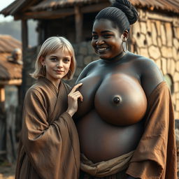In a poor medieval village, a young blonde woman, notably short and malnourished with decayed teeth, is dressed in a long, fully closed Buddhist robe