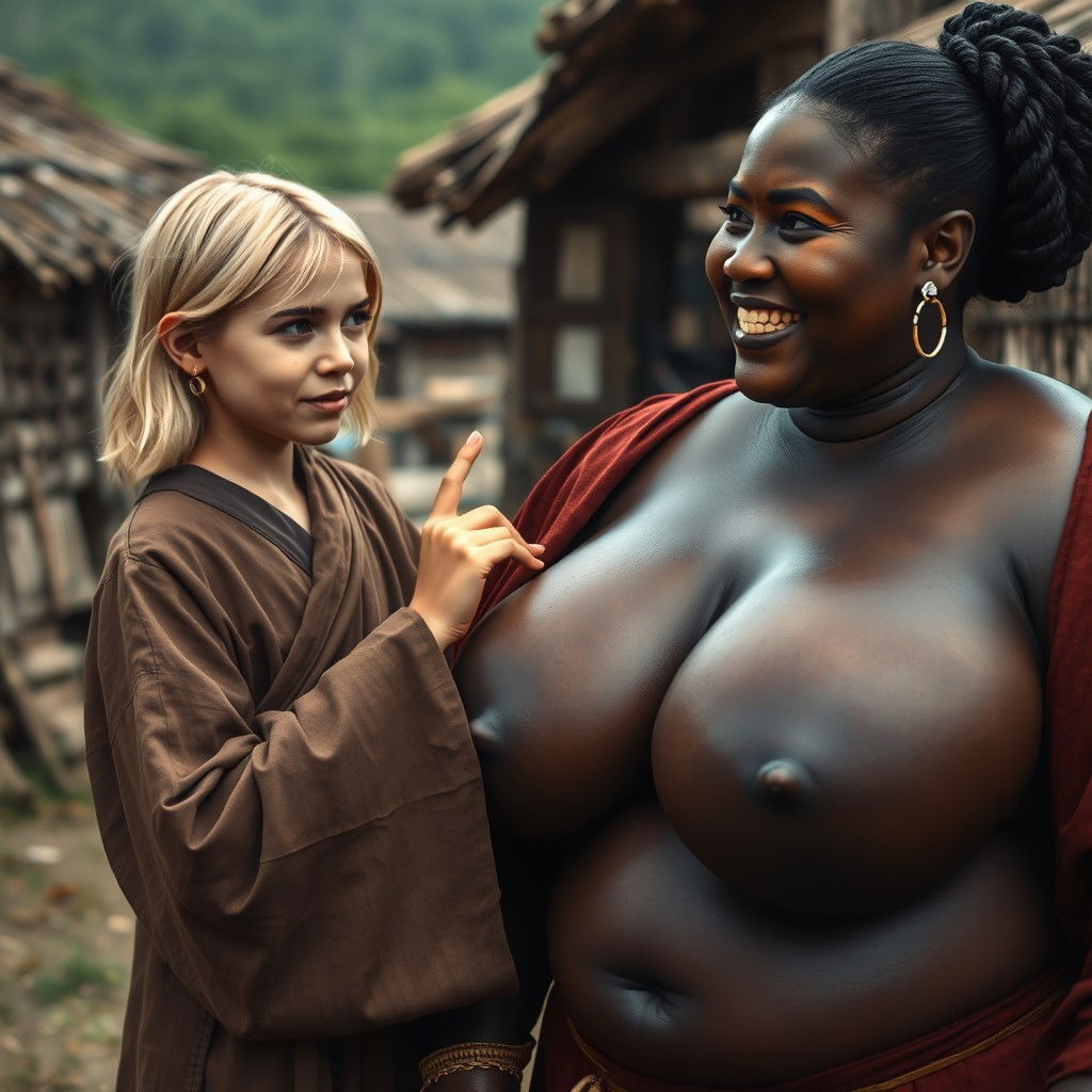 In a poor medieval village, a young blonde woman, notably short and malnourished with decayed teeth, wears a long, fully closed Buddhist robe