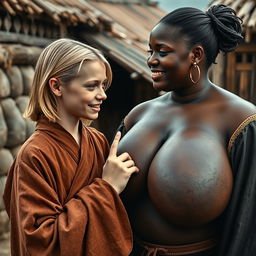 In a poor medieval village, a young blonde woman, notably short and malnourished with decayed teeth, wears a long, fully closed Buddhist robe