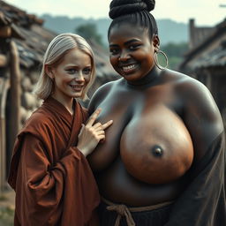 In a poor medieval village, a young blonde woman, notably short and malnourished with decayed teeth, wears a long, fully closed Buddhist robe