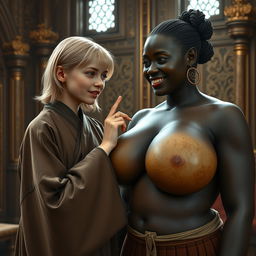 In an opulent medieval room, feature a young blonde woman who is short and undernourished, showcasing rotten teeth, dressed in a long, closed Buddhist robe