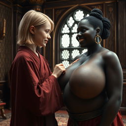 In an opulent medieval room, feature a young blonde woman who is short and undernourished, showcasing rotten teeth, dressed in a long, closed Buddhist robe