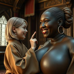 In an opulent medieval room, feature a young blonde woman who is short and undernourished, showcasing rotten teeth, dressed in a long, closed Buddhist robe