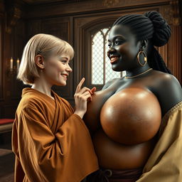 In an opulent medieval room, feature a young blonde woman who is short and undernourished, showcasing rotten teeth, dressed in a long, closed Buddhist robe