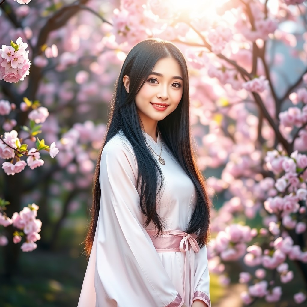 A beautiful Asian girl with long black hair, wearing a stylish traditional dress