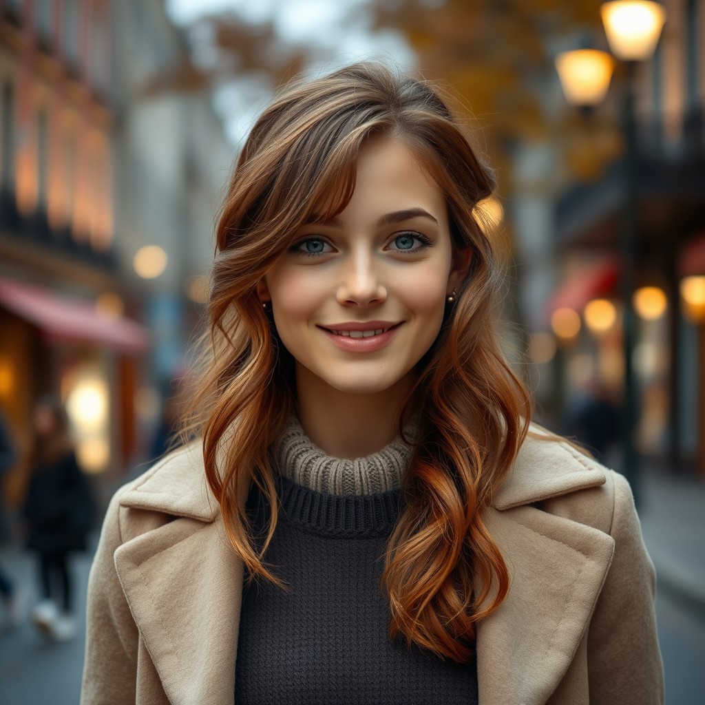 A young woman with wavy chestnut hair that falls to her shoulders, featuring soft facial features and expressive eyes