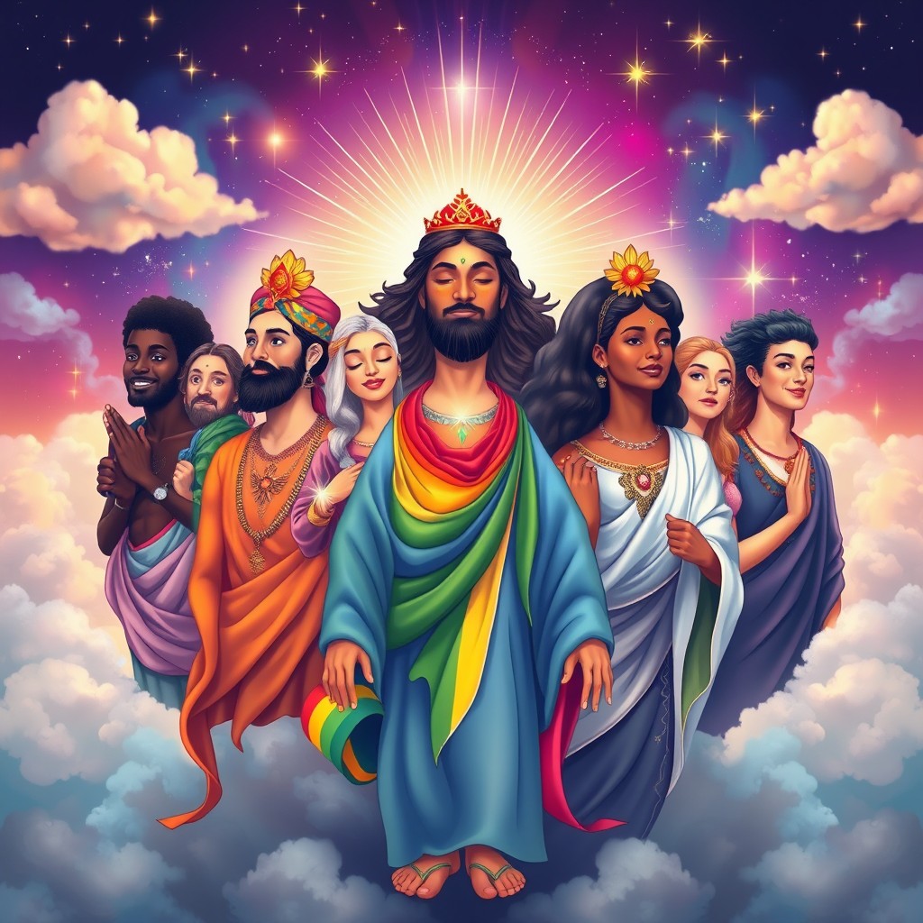 A vibrant and colorful depiction of human pride in its many forms, illustrated in a spiritual and ethereal manner