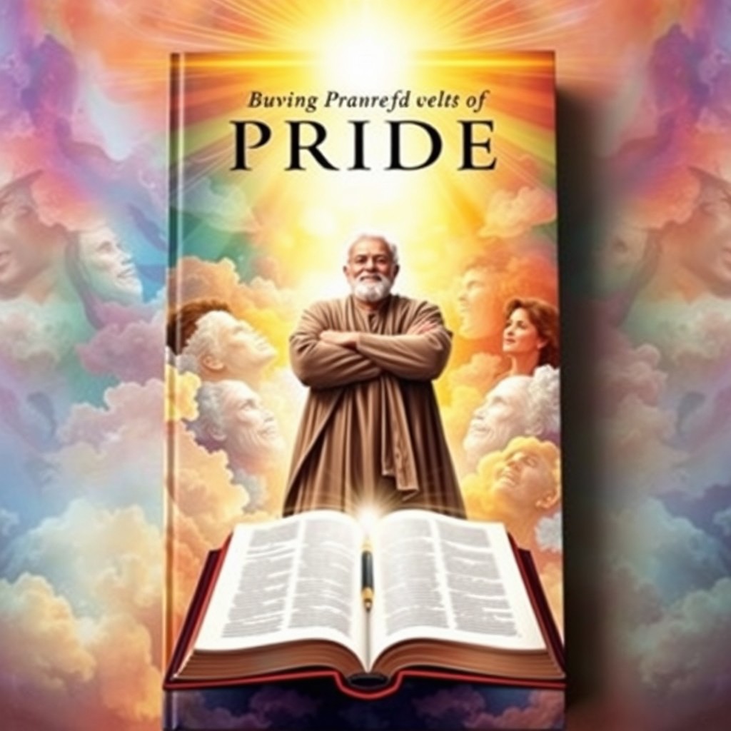 A captivating book cover representing the multifaceted nature of human pride as it relates to divine themes