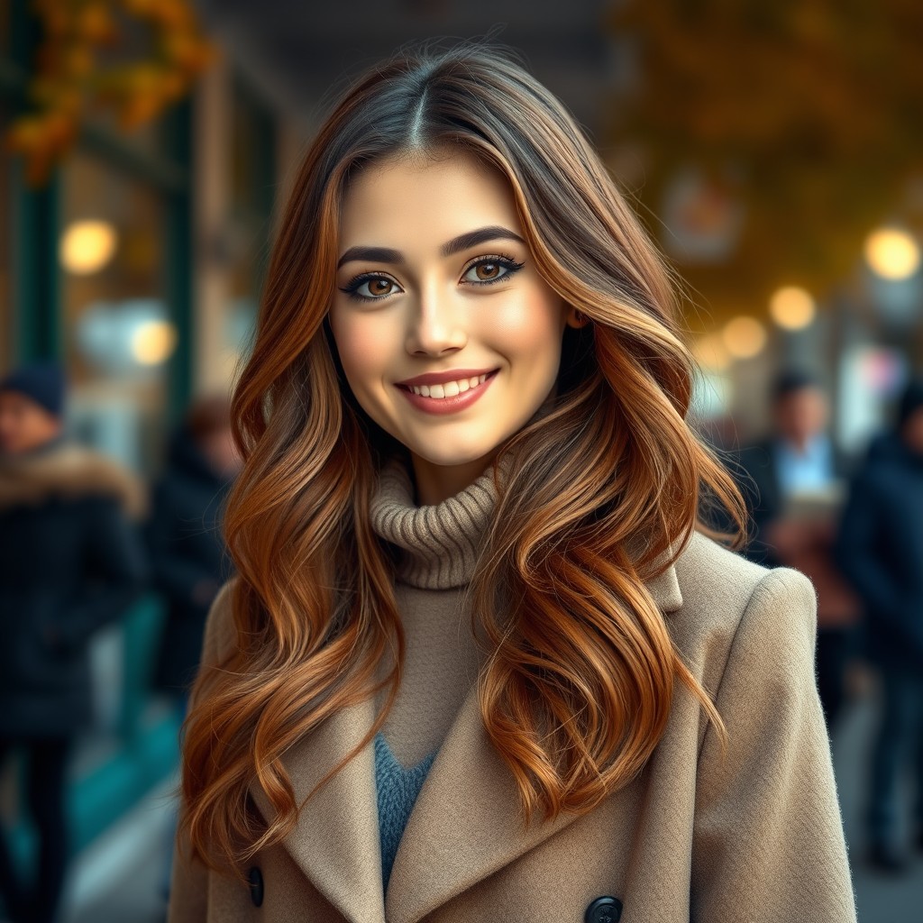 A young woman with wavy chestnut hair that falls to her shoulders, showcasing soft facial features and expressive eyes