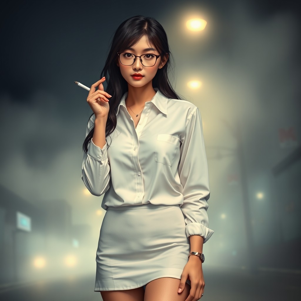 A stylish Asian girl wearing a white office shirt with a subtle neckline and a short skirt above the knee