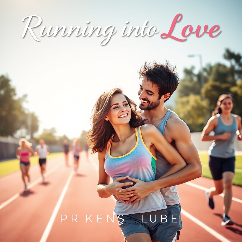 An engaging cover design for a sportive romance ebook, featuring a fit couple in a playful and romantic embrace on a sunlit outdoor track