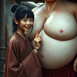 In a medieval Chinese village, a young, petite, and malnourished Indonesian woman with rotten teeth is portrayed wearing a long, fully-closed Buddhist robe
