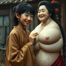 In a medieval Chinese village, a young, petite, and malnourished Indonesian woman with rotten teeth is portrayed wearing a long, fully-closed Buddhist robe