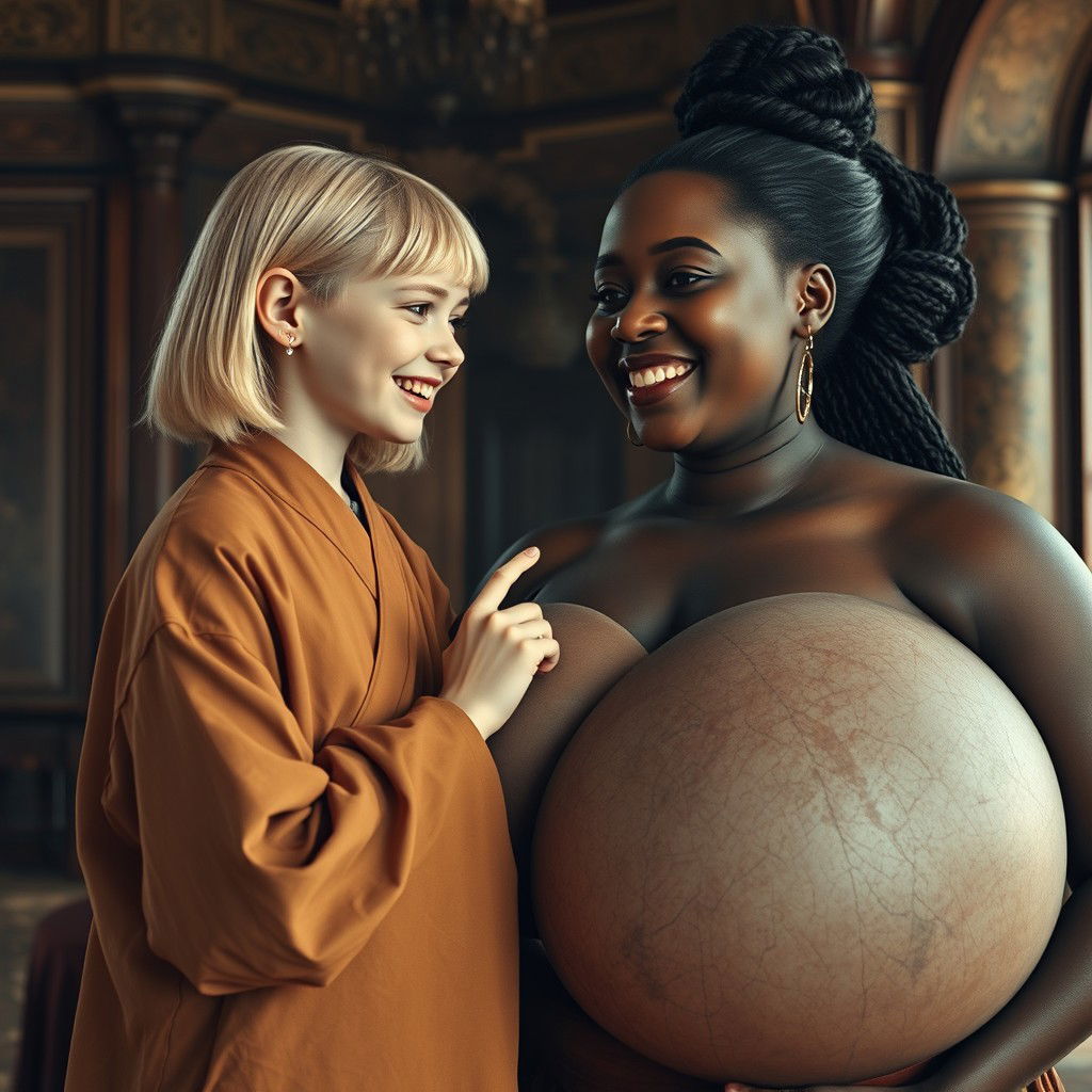 In a lavish medieval room, a young, short, and undernourished blonde woman with rotten teeth is dressed in a long, fully closed Buddhist robe