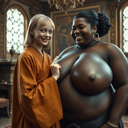 In a lavish medieval room, a young, short, and undernourished blonde woman with rotten teeth is dressed in a long, fully closed Buddhist robe