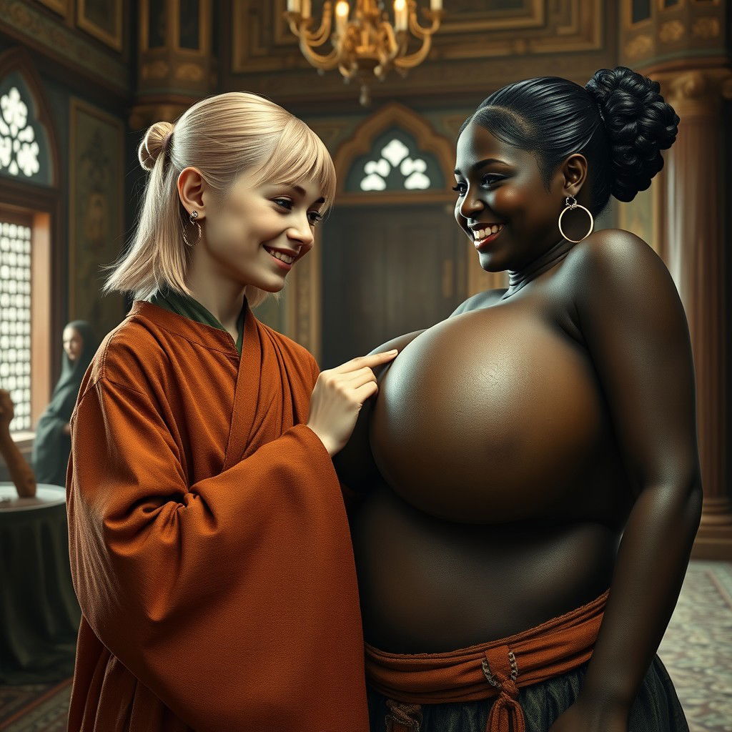 In a lavish medieval room, a young, short, and undernourished blonde woman with rotten teeth wears a long, fully closed Buddhist robe