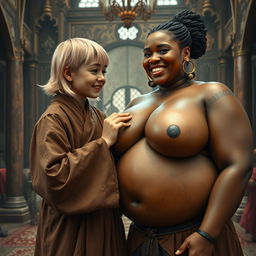 In a lavish medieval room, a young, short, and undernourished blonde woman with rotten teeth wears a long, fully closed Buddhist robe