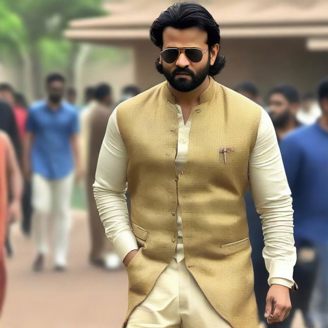 Authentic old-money themed outfit creatively designed for the actor Prabhas, making him stand out with a touch of class and sophistication.