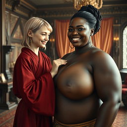 In a lavish medieval room, a young, short, and undernourished blonde woman with rotten teeth wears a long, fully closed Buddhist robe