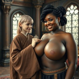 In a lavish medieval room, a young, short, and undernourished blonde woman with rotten teeth wears a long, fully closed Buddhist robe