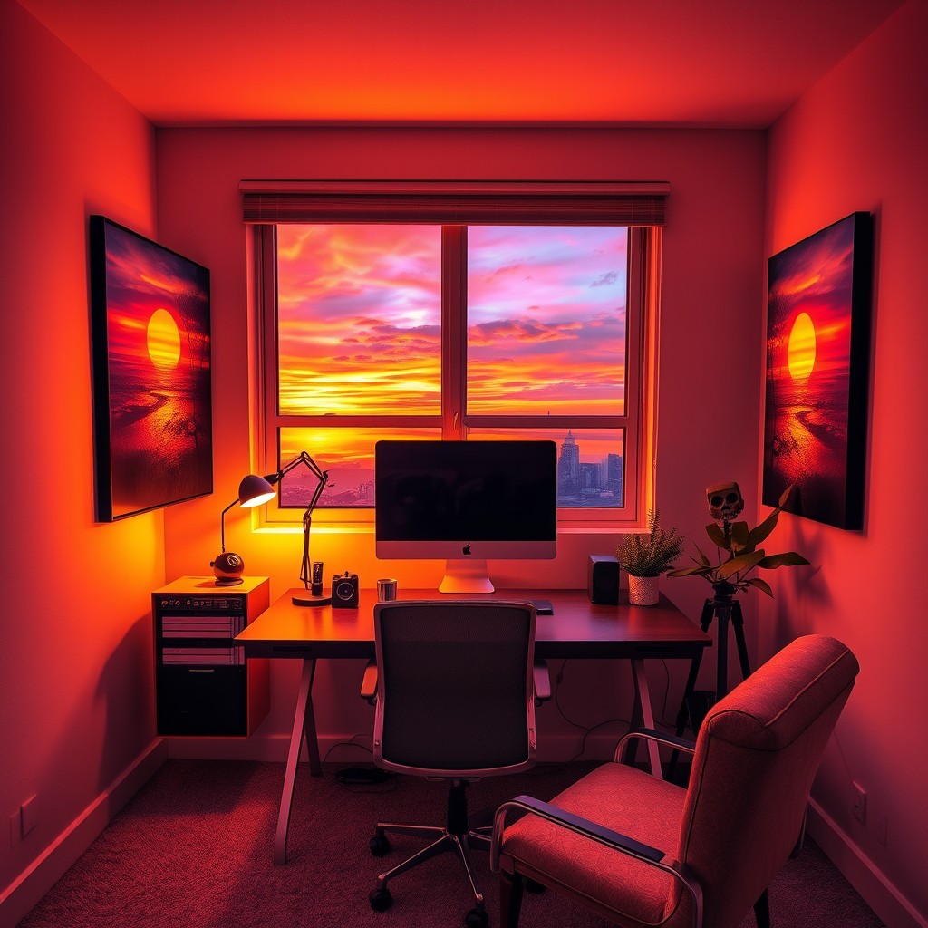 A cozy evening room featuring a sleek computer desk with a modern computer setup