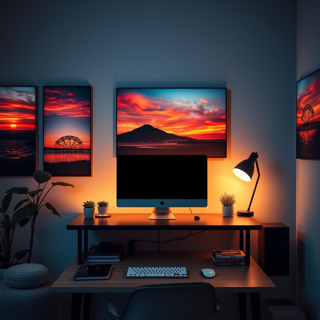 A cozy evening room featuring a stylish computer desk with a modern desktop computer