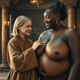 In a luxurious medieval chamber, a striking scene is depicted