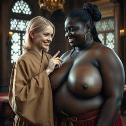 In a luxurious medieval chamber, a striking scene is depicted