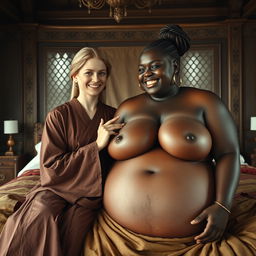 In a lavish medieval bedroom, two women are seated on a grand bed