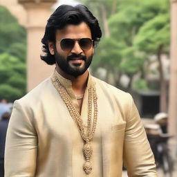 The Indian actor Prabhas dressed in an elegant and vintage old-money outfit, exuding charm and sophistication.