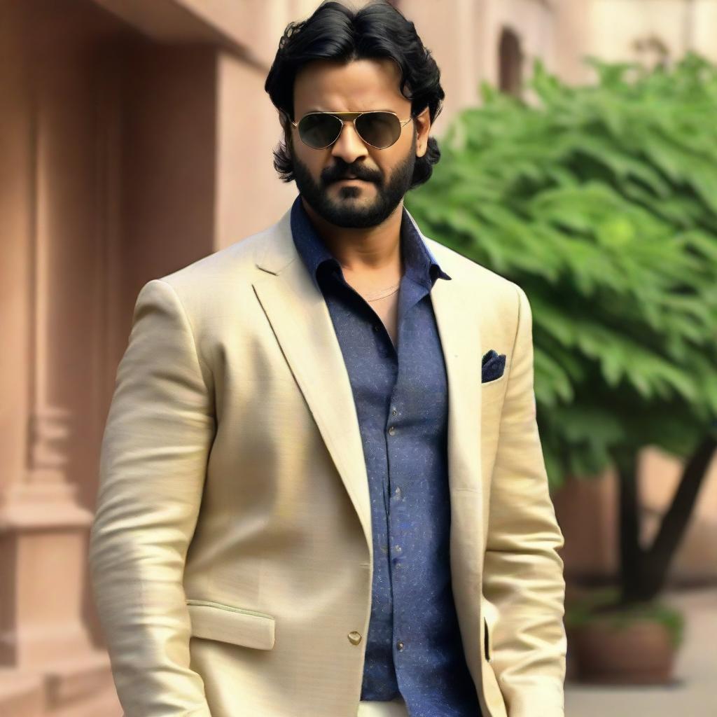 The Indian actor Prabhas dressed in an elegant and vintage old-money outfit, exuding charm and sophistication.