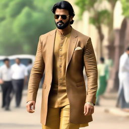 The Indian actor Prabhas dressed in an elegant and vintage old-money outfit, exuding charm and sophistication.