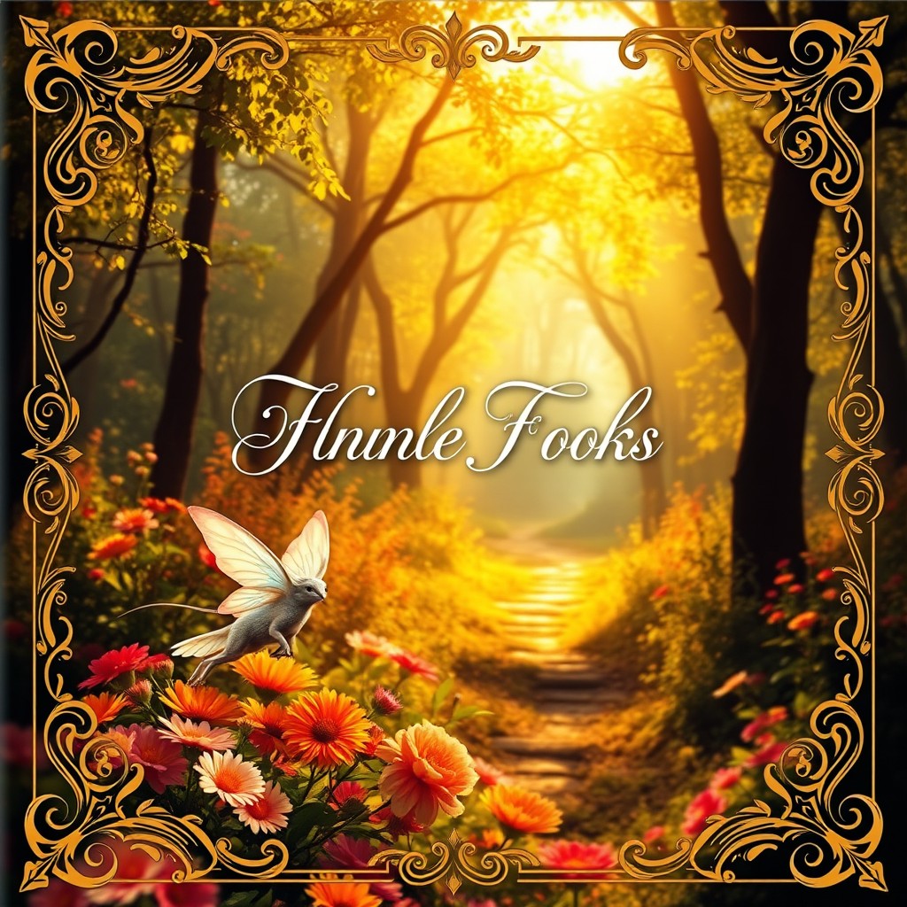 A beautiful and captivating book cover design featuring an enchanting forest with vibrant flowers and trees, bathed in golden sunlight filtering through the leaves