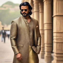 The Indian actor Prabhas dressed in an elegant and vintage old-money outfit, exuding charm and sophistication.