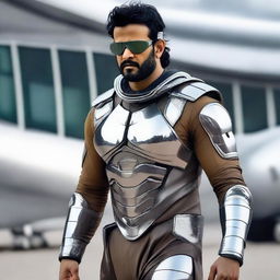 Indian actor Prabhas donned in a futuristic space outfit, adding an adventurous edge to his typically charming persona.