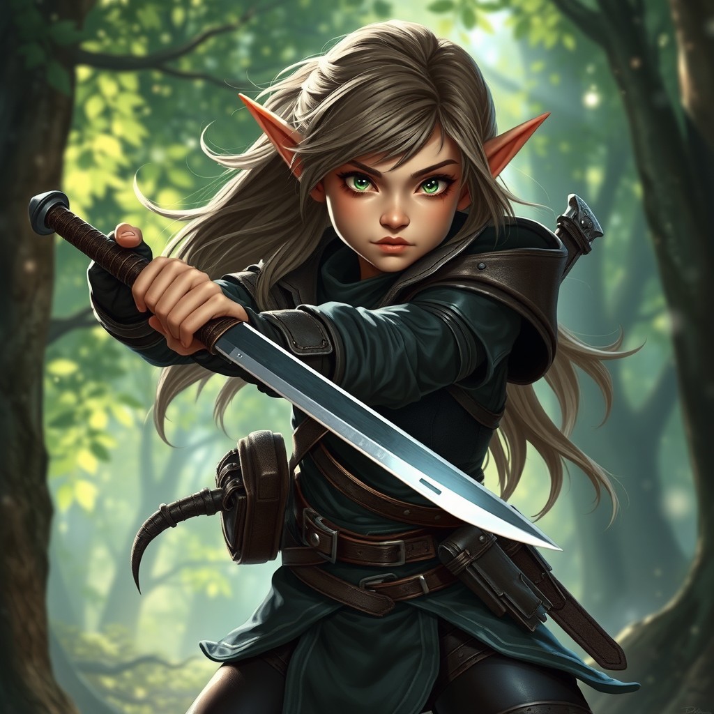 A young female elf rogue in a fantasy setting, expertly wielding a short sword