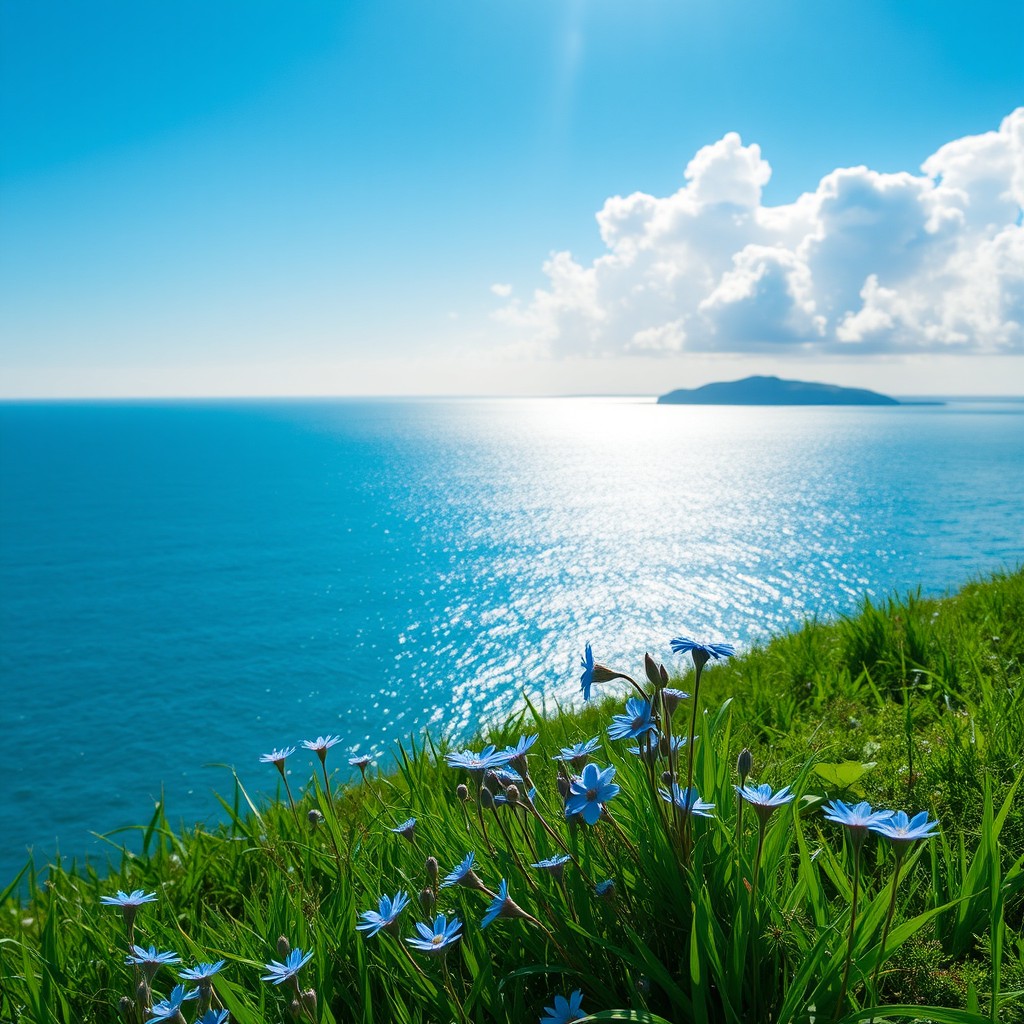 A stunningly vibrant blue landscape featuring a vast ocean under a clear azure sky, accentuated by fluffy white clouds