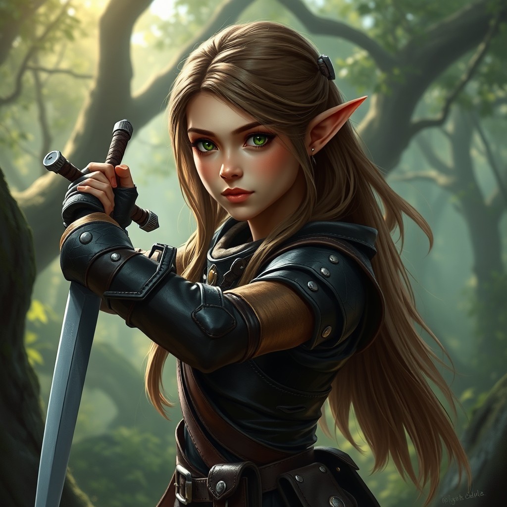 A realistic depiction of a young female elf rogue in a fantasy setting, wielding a short sword