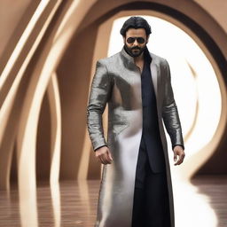 Indian actor Prabhas donned in a futuristic space outfit, adding an adventurous edge to his typically charming persona.