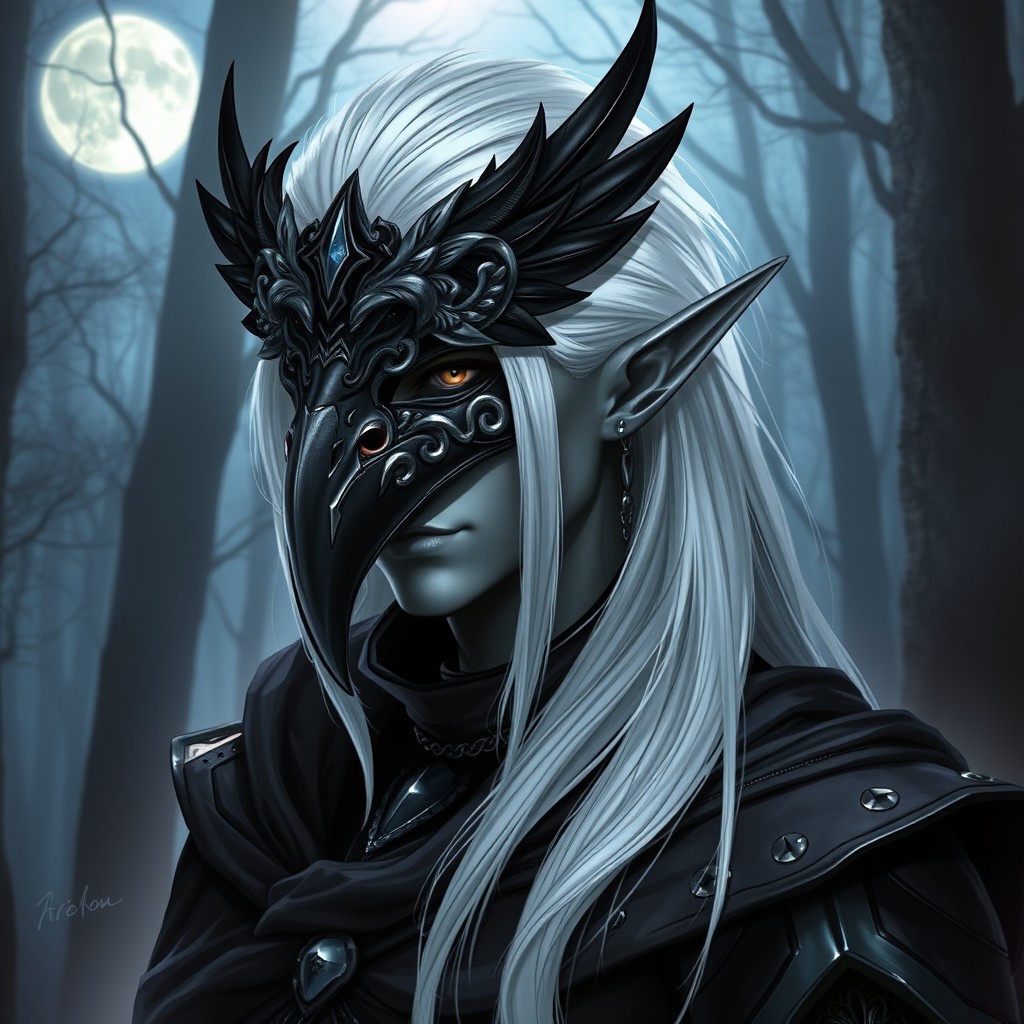 A male drow character wearing an ornate raven mask, featuring intricate details and dark feathers
