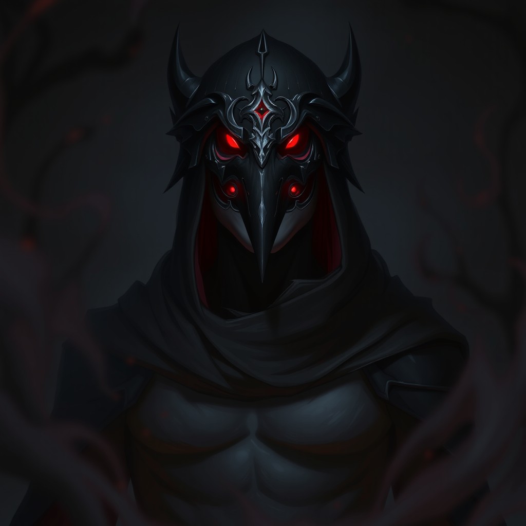 A male drow with bright red eyes, wearing an intricate raven mask that adds an air of mystery