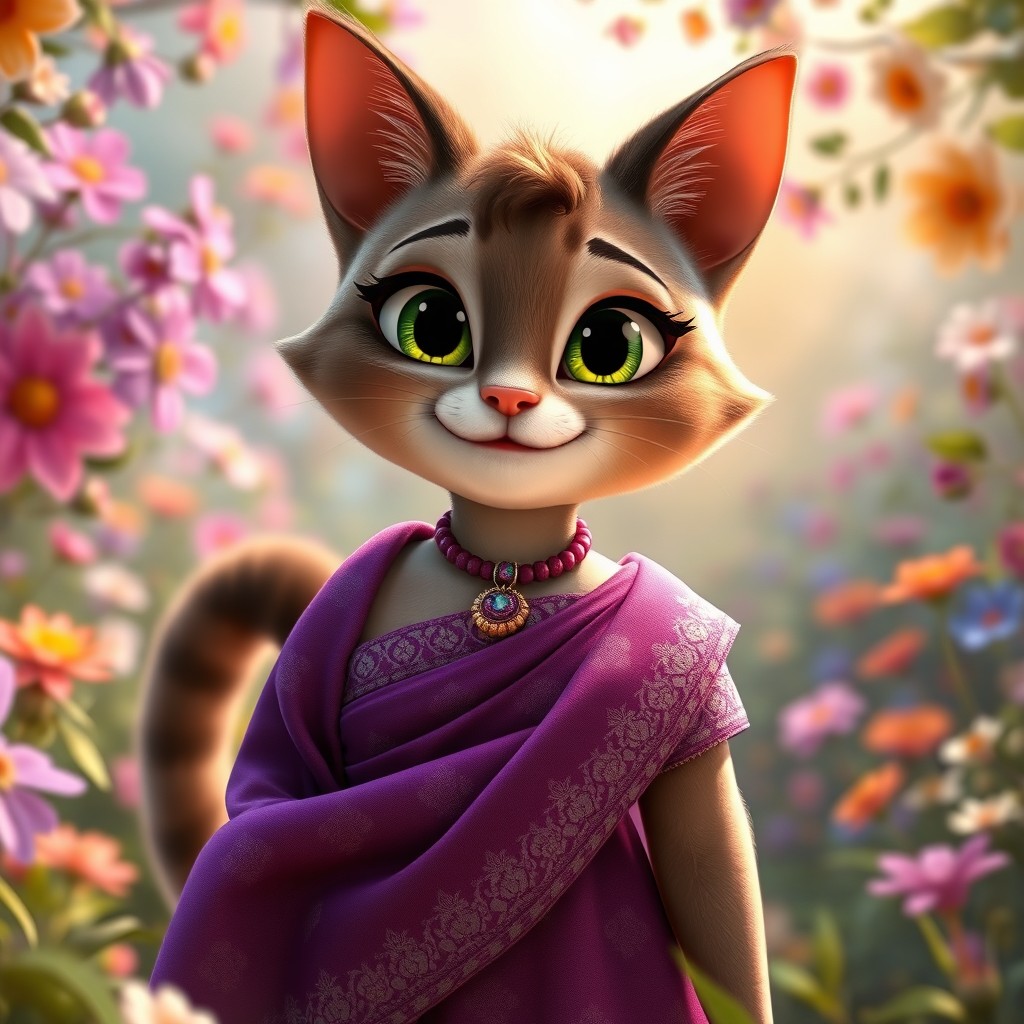 A Pixar style character portrait of a cute, curvy, humanized female cat character inspired by Tom Cat