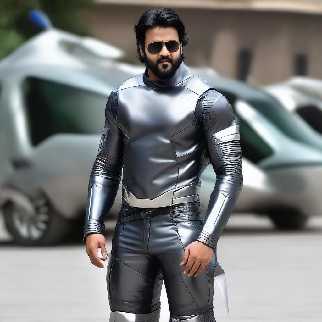 Indian actor Prabhas donned in a futuristic space outfit, adding an adventurous edge to his typically charming persona.