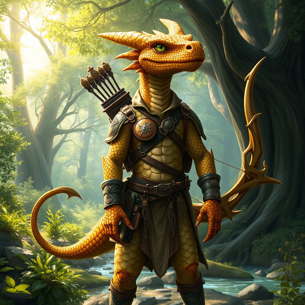 A majestic dragonborn ranger with gold ancestry, standing confidently in a lush enchanted forest