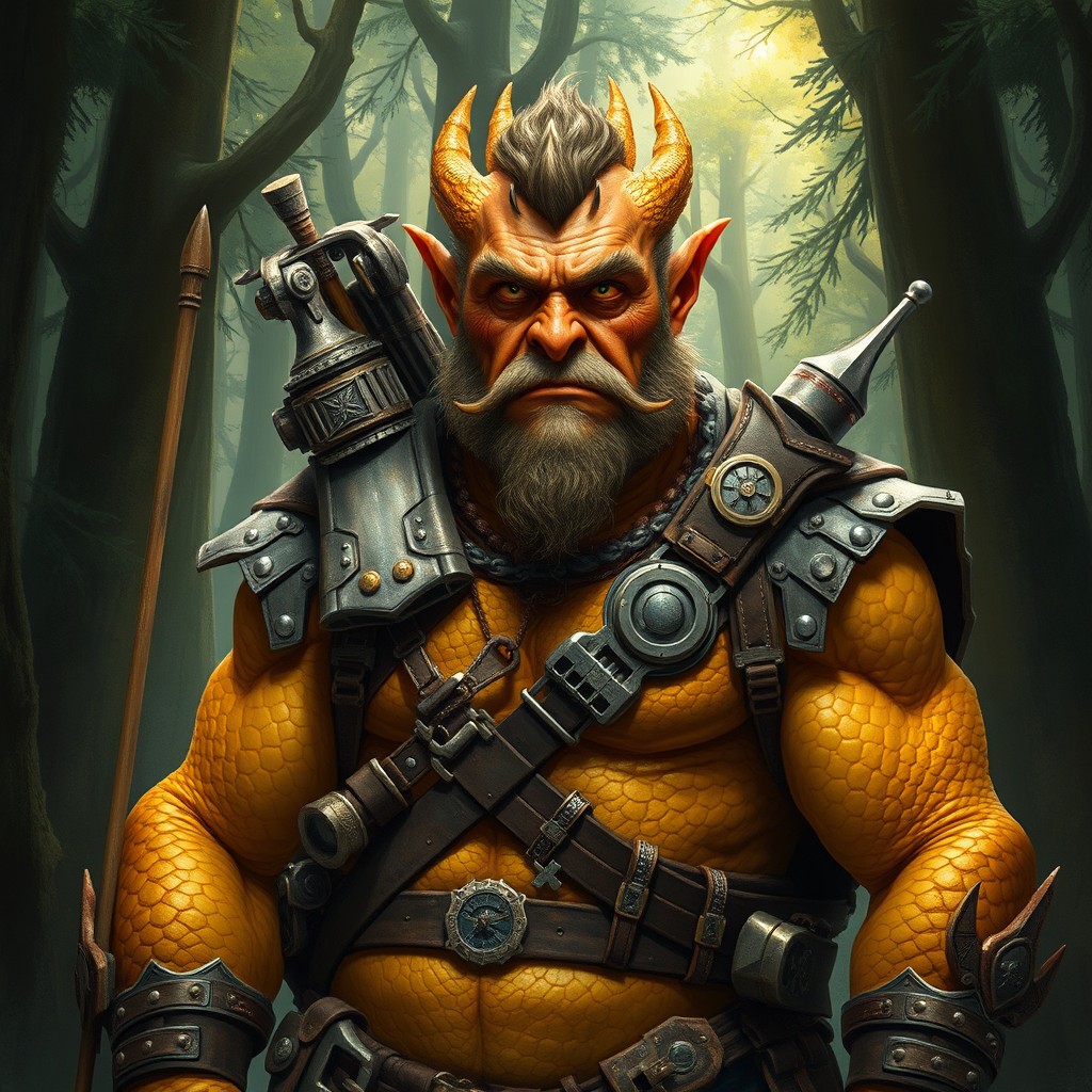 A tough, grumpy middle-aged dragonborn ranger with gold ancestry, standing firmly in a dense, mystical forest