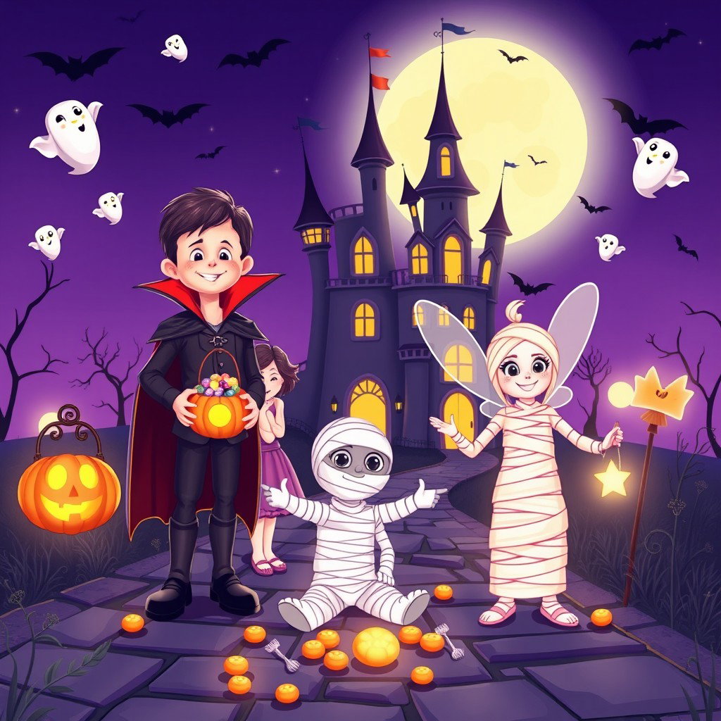 A high-quality, detailed, and soft 2D digital illustration in Disney–Pixar storybook style, designed for a Halloween Coloring Book for Kids aged 5–10
